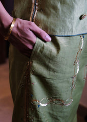 Sap green striped chanderi double breasted waistcoat and wide pants with delicate floral bels embroidery - Sohni