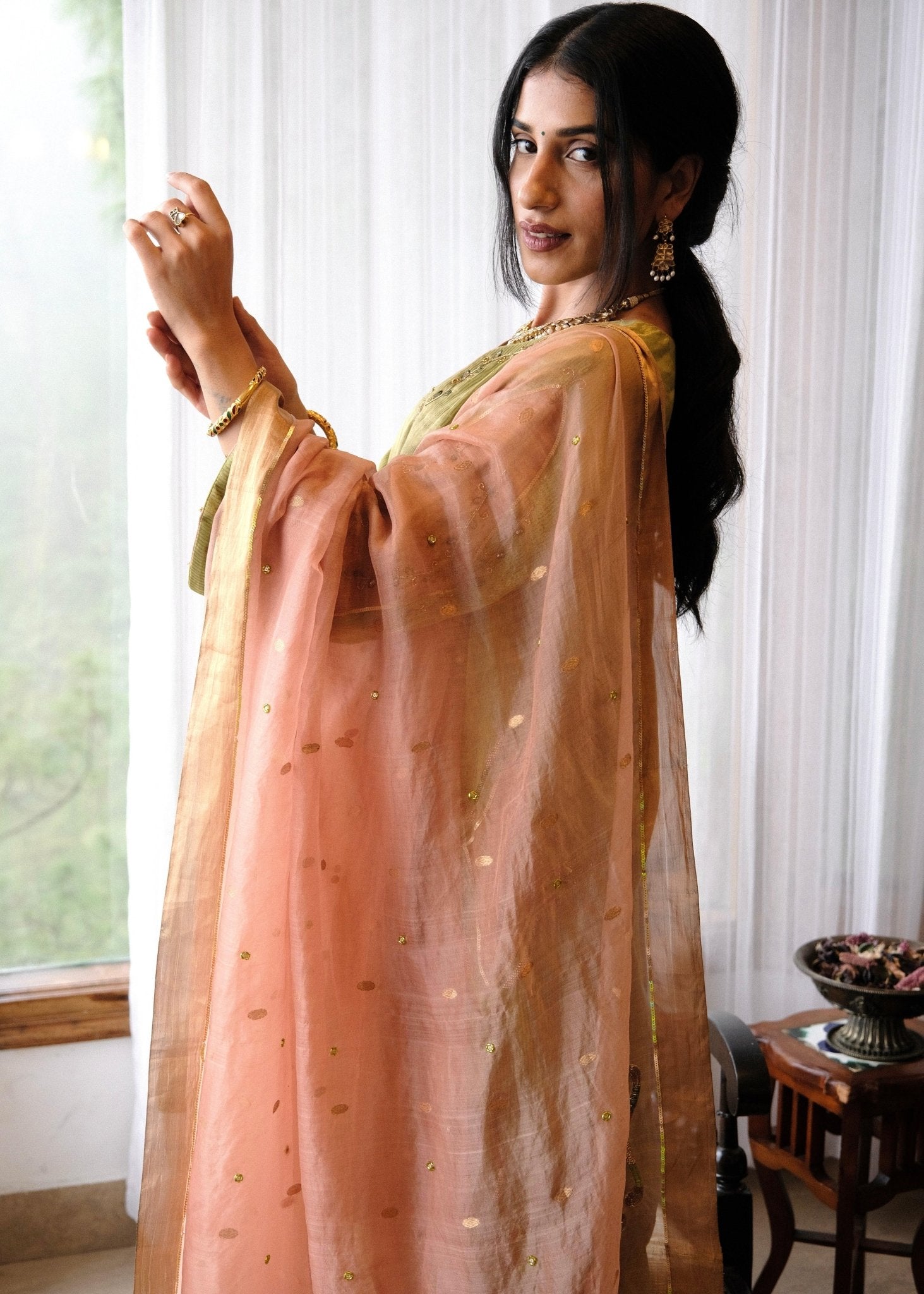 Sap green striped tissue chanderi kurta set with peach gold booti organza dupatta and exotic birds embroidery - Sohni