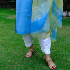 Sky blue mangalgiri pintucked kurta with Warli boat motif embroidery, white dobby salwar and lehriya kota doria dupatta - Sohni