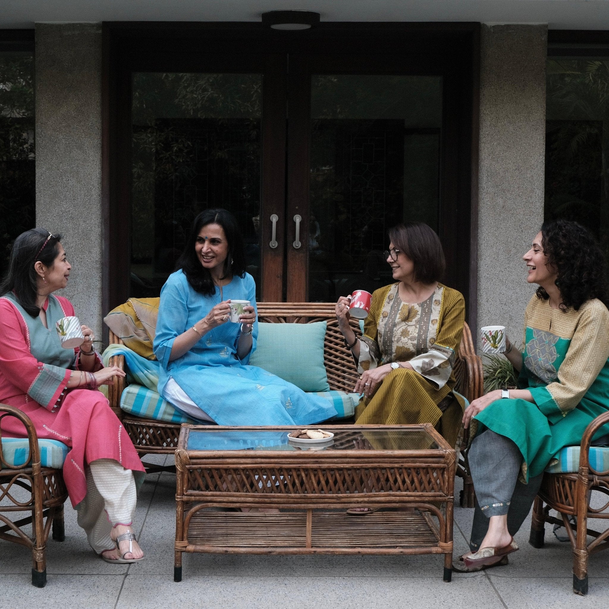 Sky blue mangalgiri pintucked kurta with Warli boat motif embroidery, white dobby salwar and lehriya kota doria dupatta - Sohni