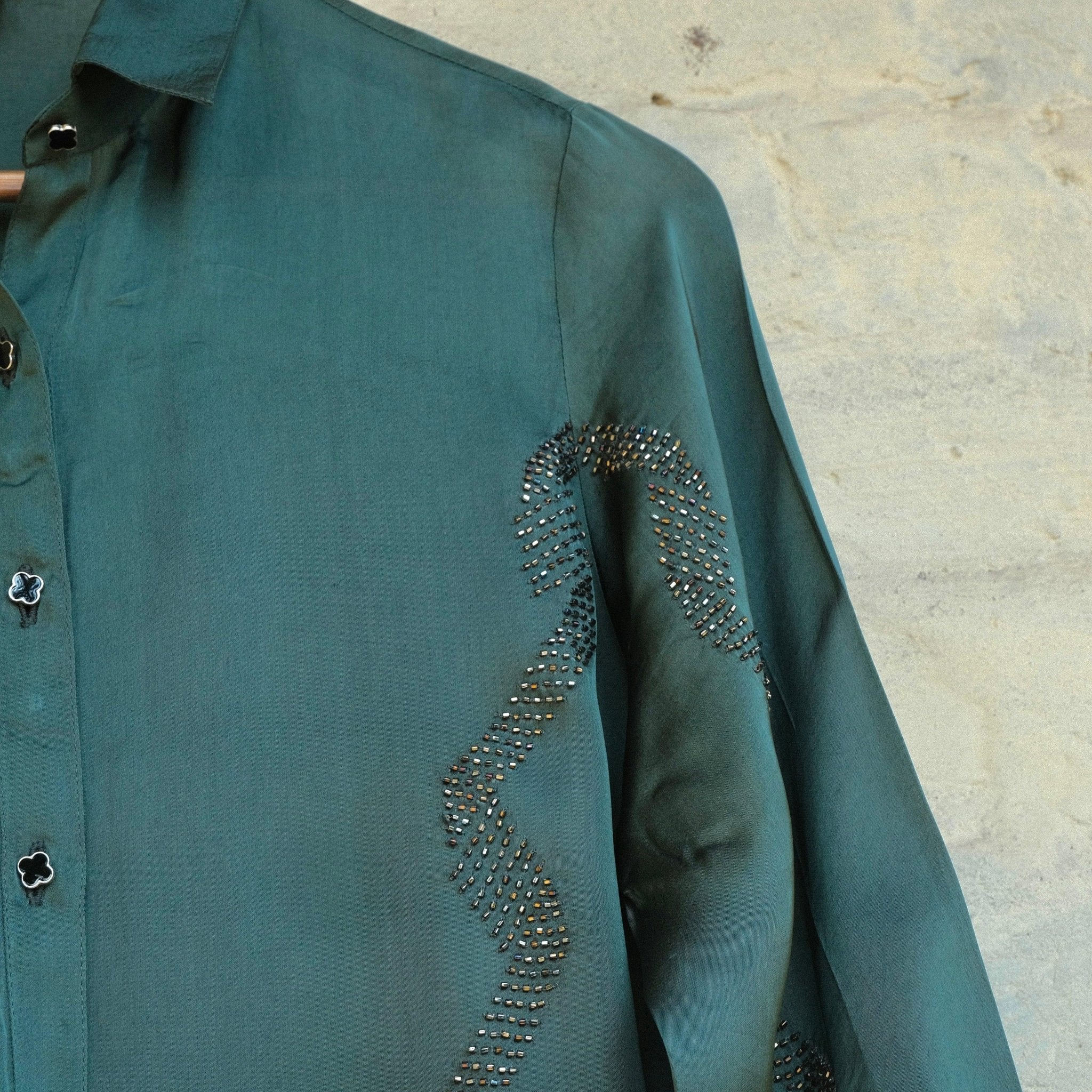 Teal green satin organza shirt - Sohni