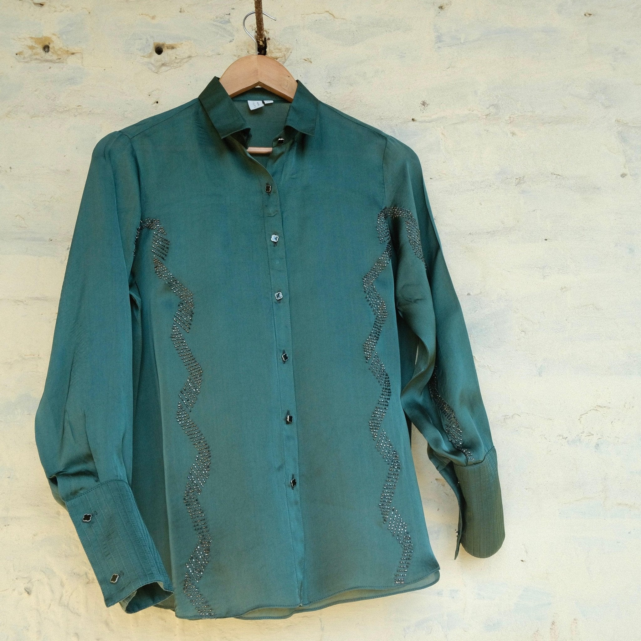 Teal green satin organza shirt - Sohni