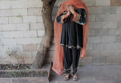 Teal orange short anarkali and salwar velvet set with organza dupatta - Sohni