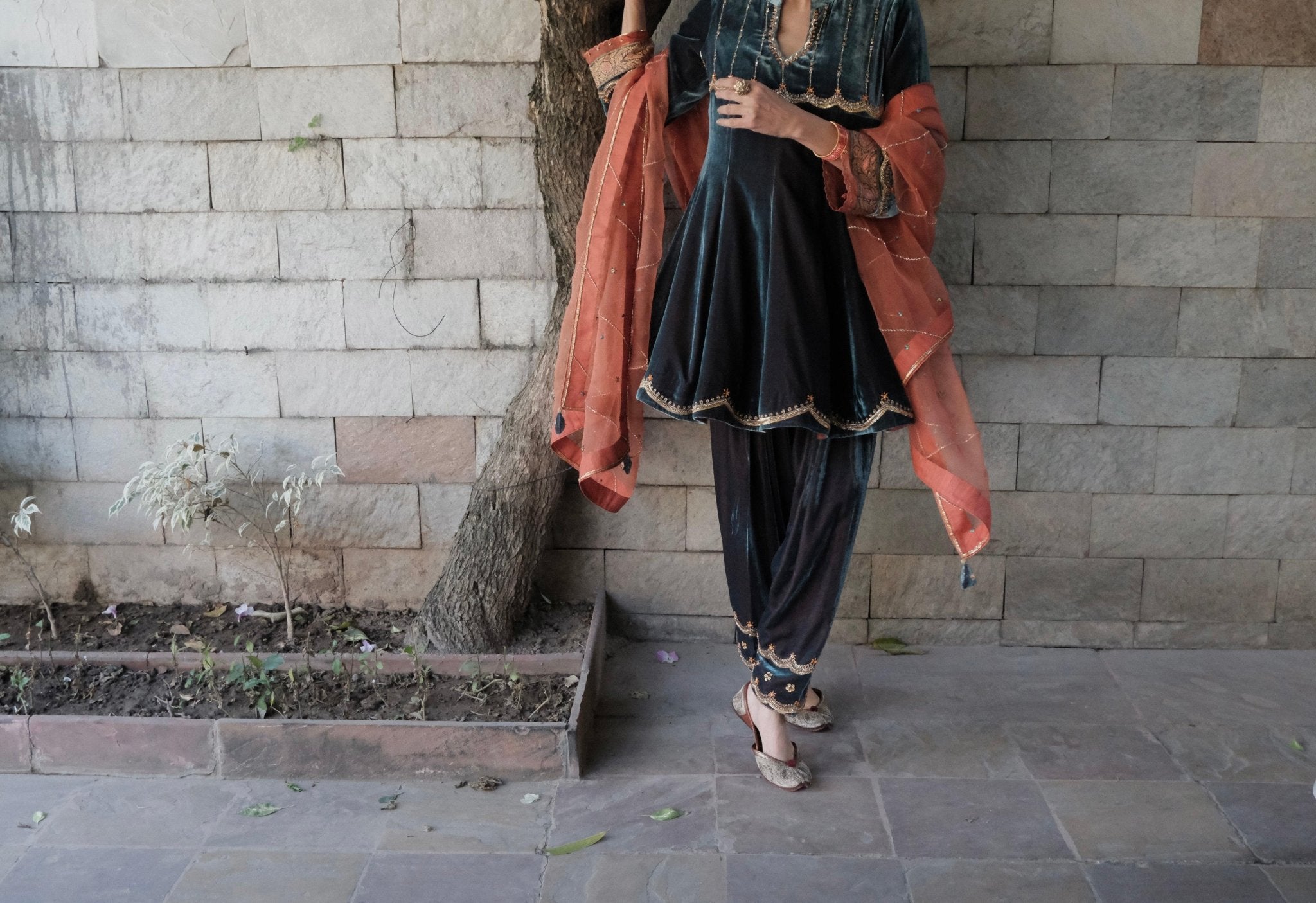 Teal orange short anarkali and salwar velvet set with organza dupatta - Sohni