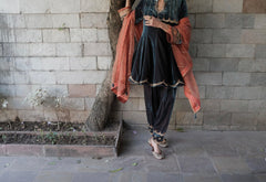Teal orange short anarkali and salwar velvet set with organza dupatta - Sohni
