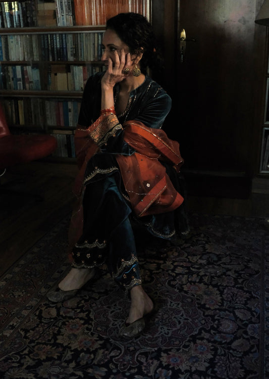 Teal orange short anarkali and salwar velvet set with organza dupatta - Sohni