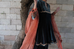 Teal orange short anarkali and salwar velvet set with organza dupatta - Sohni