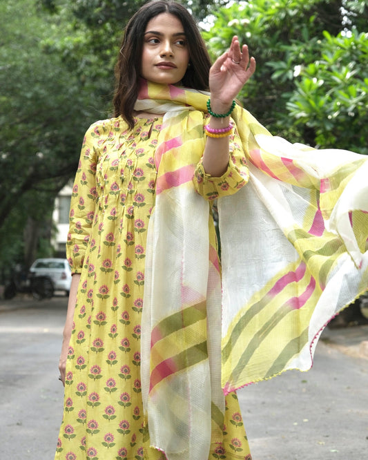 Yellow booti jaal muslin honeycomb smocked kurta, dobby salwar and lehriya dupatta - Sohni