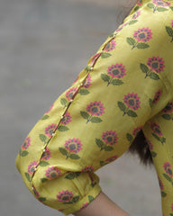 Yellow booti jaal muslin honeycomb smocked kurta, dobby salwar and lehriya dupatta - Sohni