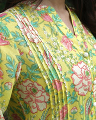 Yellow floral print mul mul shirt kurta with embroidered straight salwar - Sohni