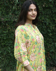 Yellow floral print mul mul shirt kurta with embroidered straight salwar - Sohni