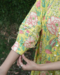 Yellow floral print mul mul shirt kurta with embroidered straight salwar - Sohni