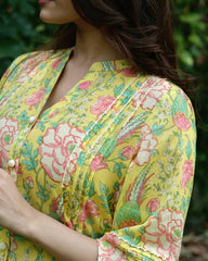 Yellow floral print mul mul shirt kurta with embroidered straight salwar - Sohni