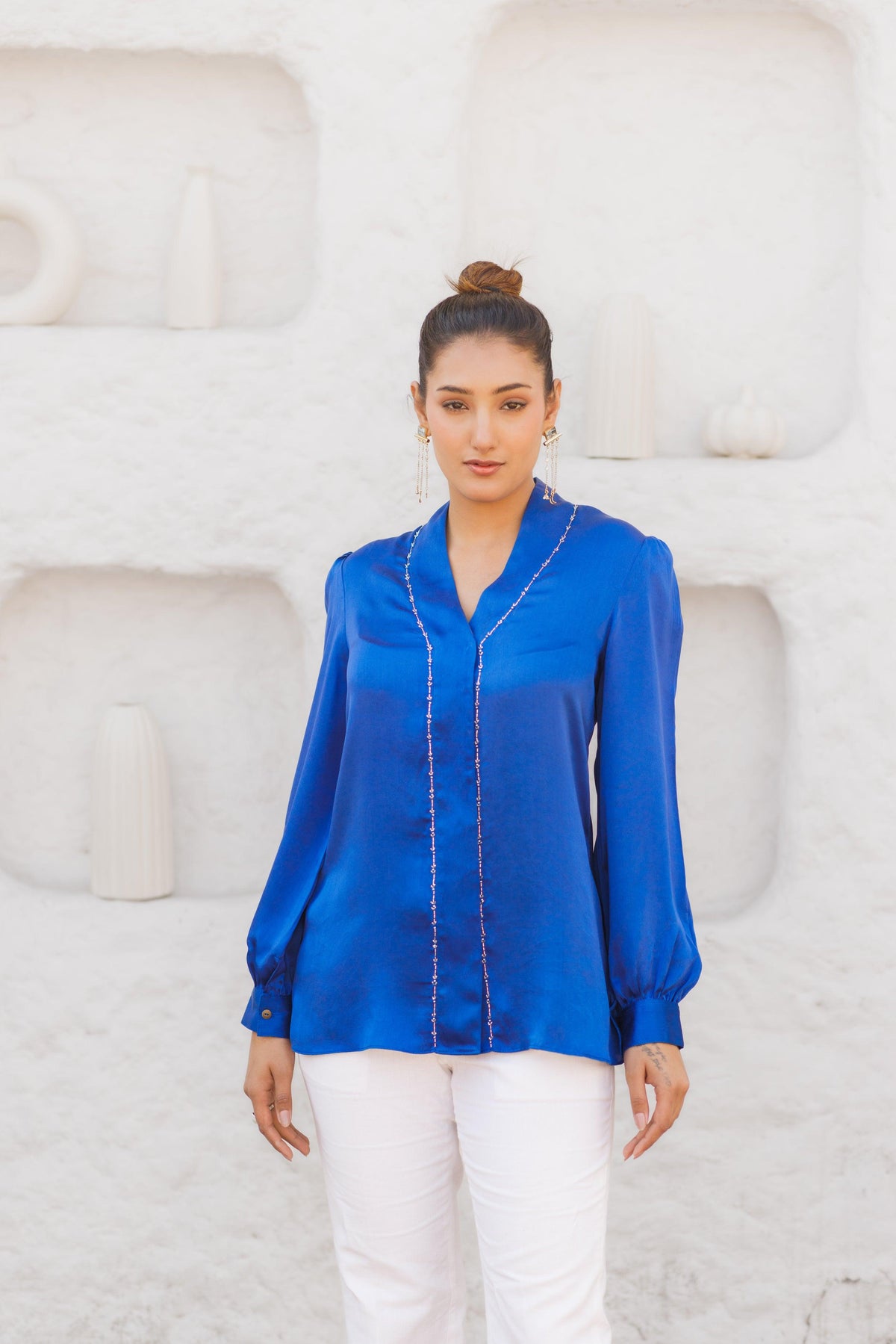 Prussian blue satin tunic with overlap placket and hand embroidery - Sohni