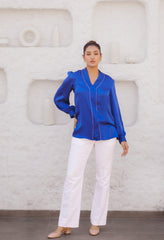 Prussian blue satin tunic with overlap placket and hand embroidery - Sohni