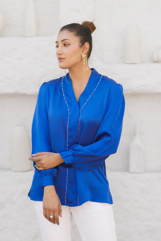 Prussian blue satin tunic with overlap placket and hand embroidery - Sohni