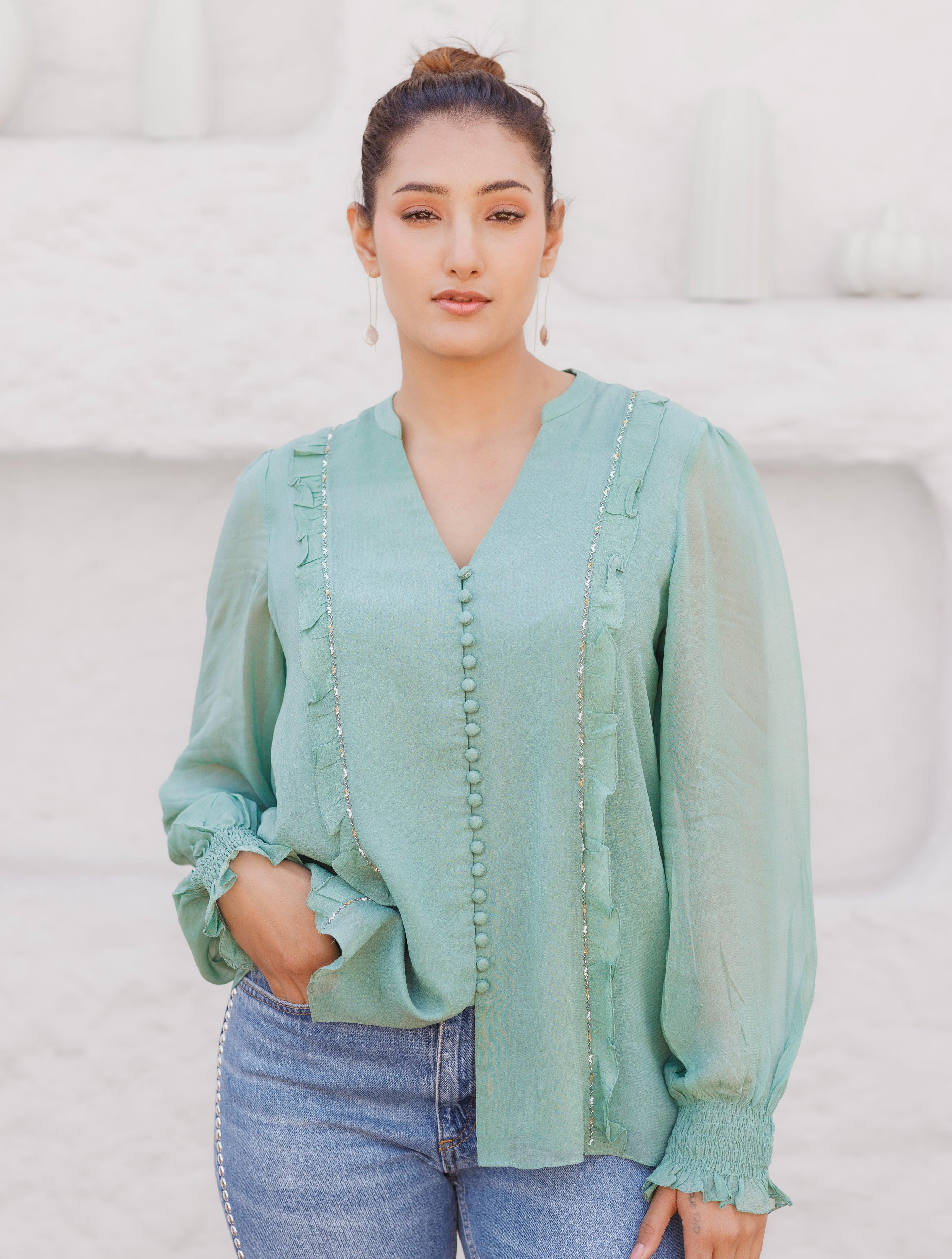 Georgette tunic with frill and hand embroidery - Sohni