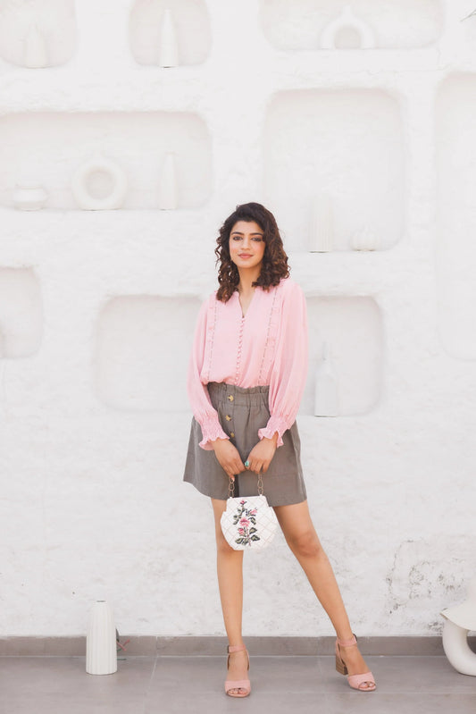 Georgette tunic with frill and hand embroidery - Sohni