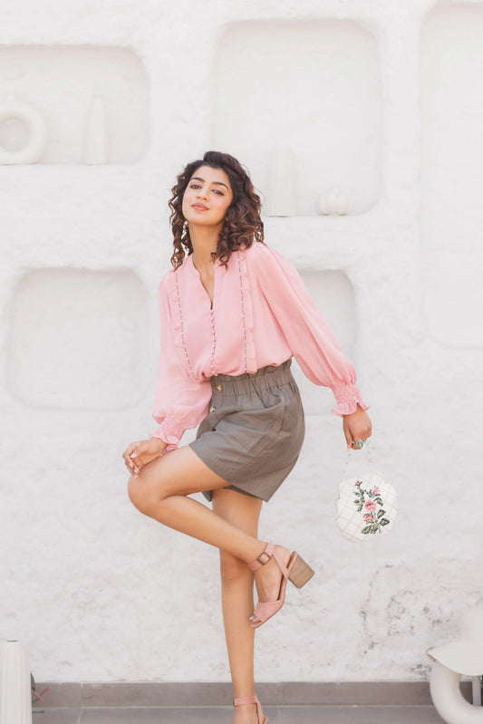 Georgette tunic with frill and hand embroidery - Sohni