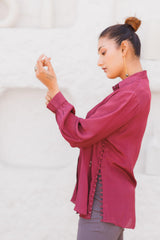 Crepe shirt with side loop buttons and cluster embroidery - Sohni