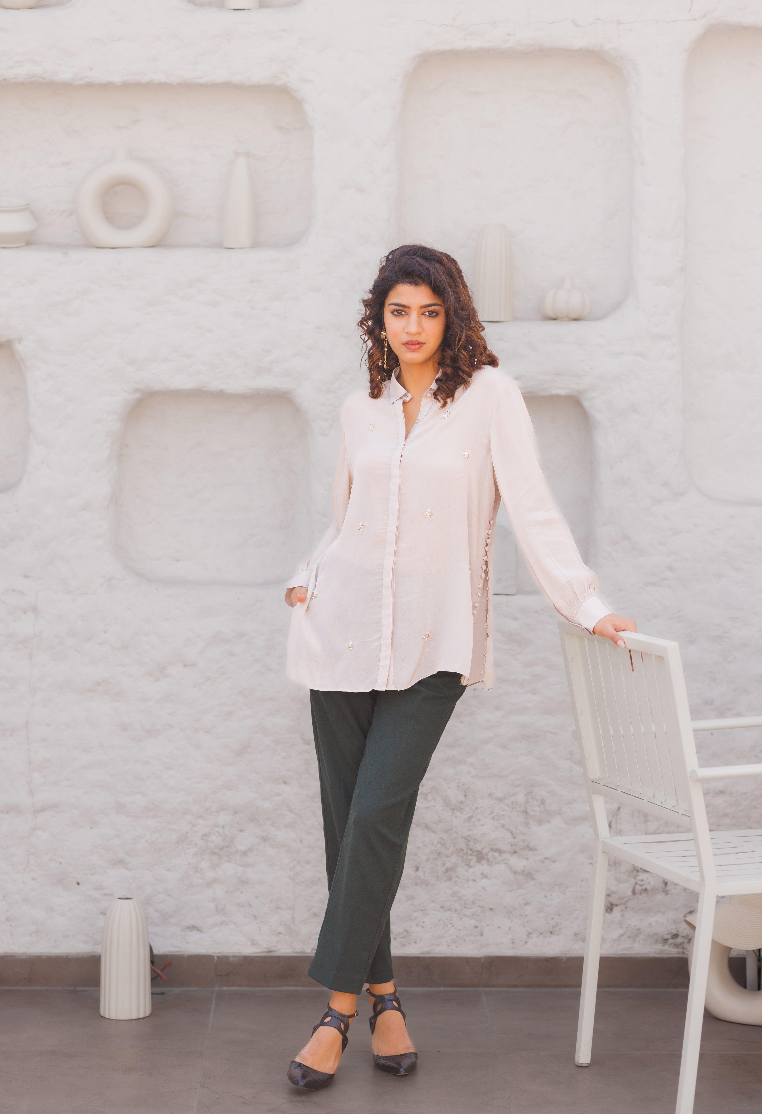 Crepe shirt with side loop buttons and cluster embroidery - Sohni