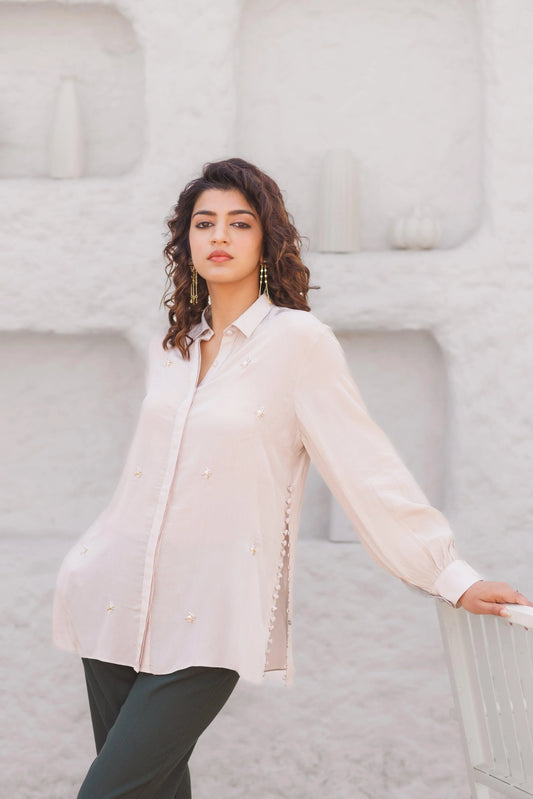 Crepe shirt with side loop buttons and cluster embroidery - Sohni