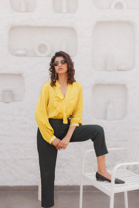 Chartreuse modal satin top with ruffles and had embroidered cuffs - Sohni