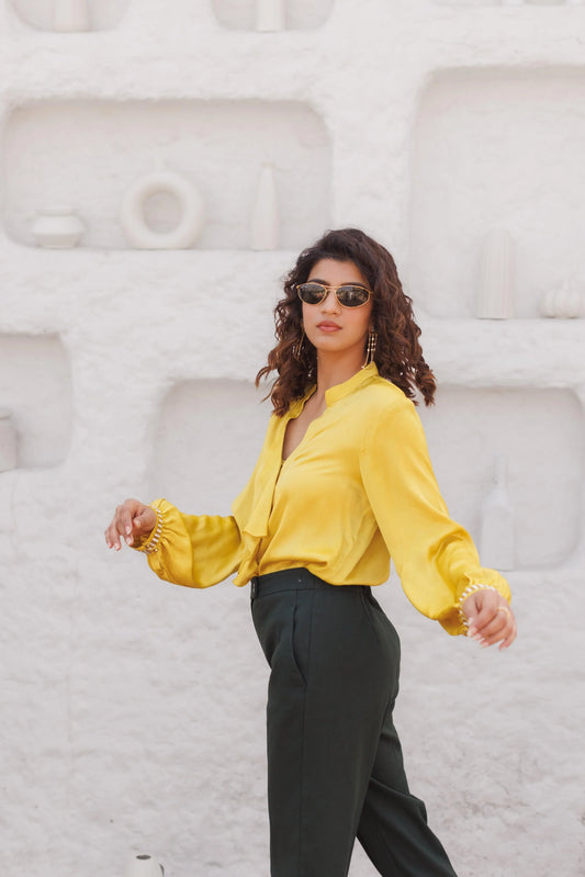 Chartreuse modal satin top with ruffles and had embroidered cuffs - Sohni