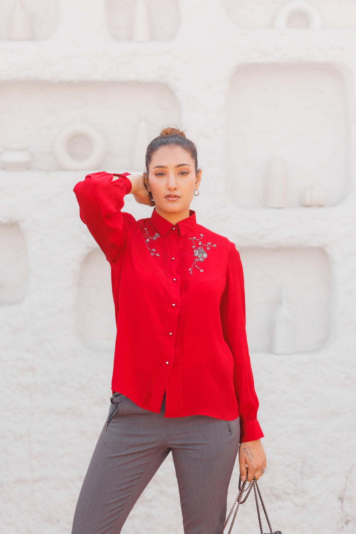 Red crepe shirt with pintucks and hand embroidery - Sohni