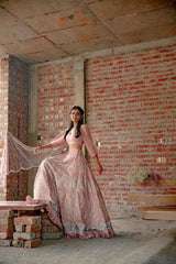 Pink waves and chevron embroidery silk lehnga set with net dupatta - Sohni