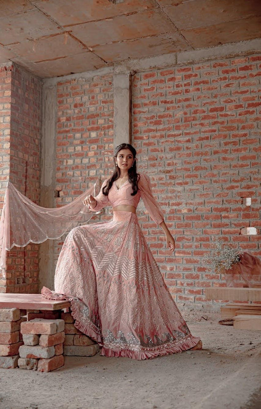 Pink waves and chevron embroidery silk lehnga set with net dupatta - Sohni