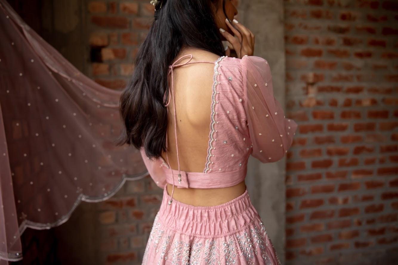 Pink waves and chevron embroidery silk lehnga set with net dupatta - Sohni