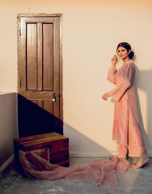 Pink tissue chanderi mughal boota kurta with palazzos and organza dupatta - Sohni