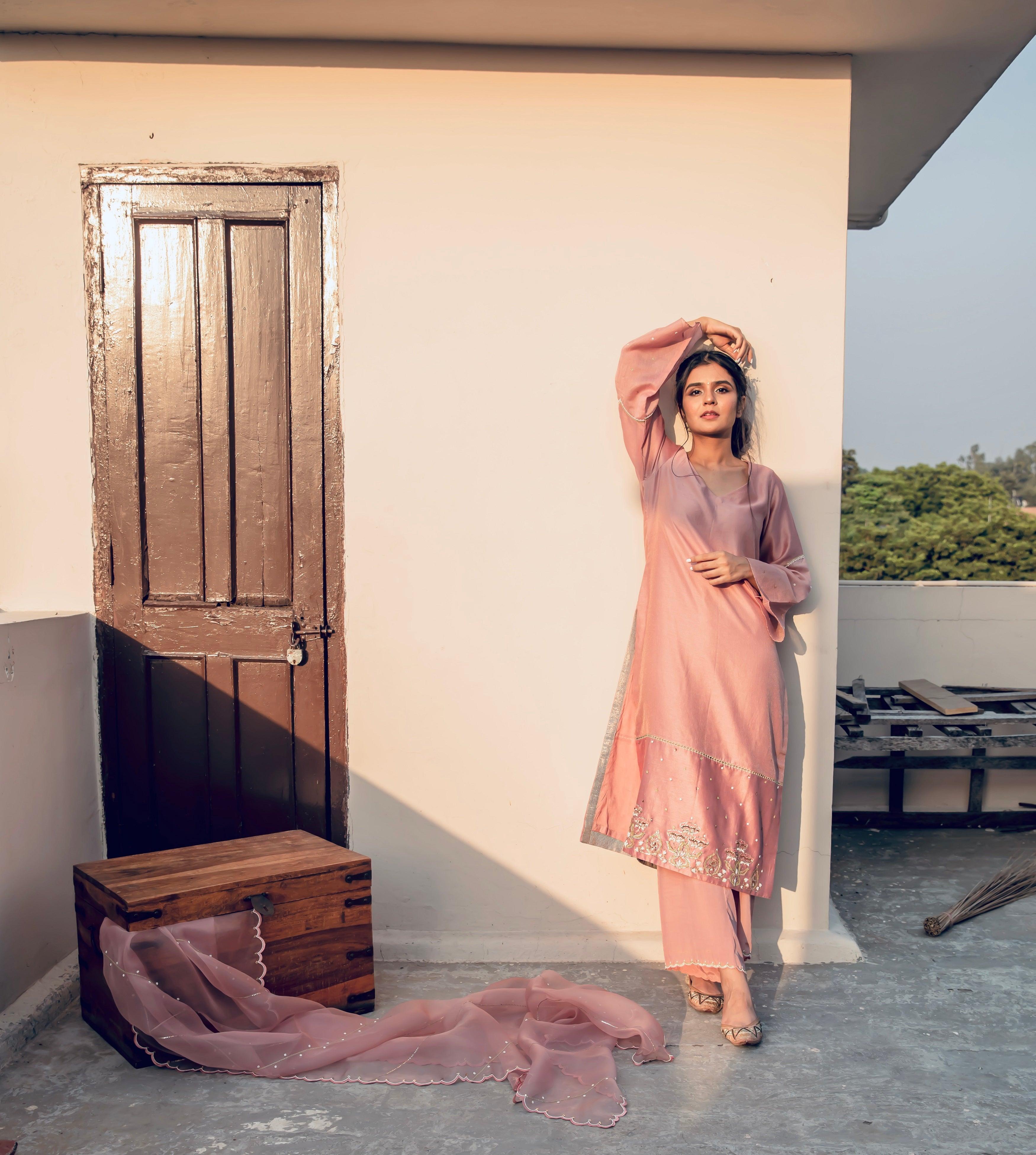 Pink tissue chanderi mughal boota kurta with palazzos and organza dupatta - Sohni