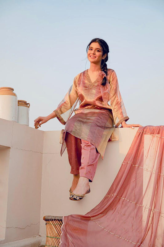 Striped tissue kalidaar kurta set with straight salwar and embroidered silk dupatta - Sohni