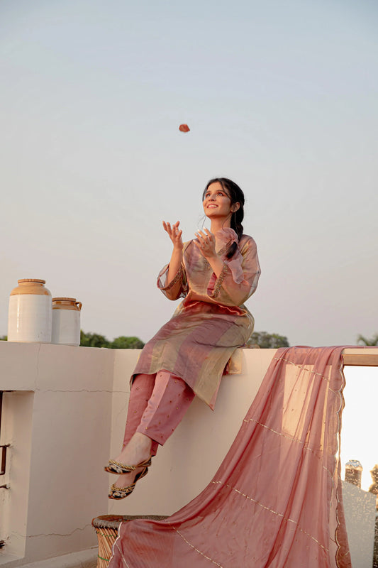 Striped tissue kalidaar kurta set with straight salwar and embroidered silk dupatta - Sohni