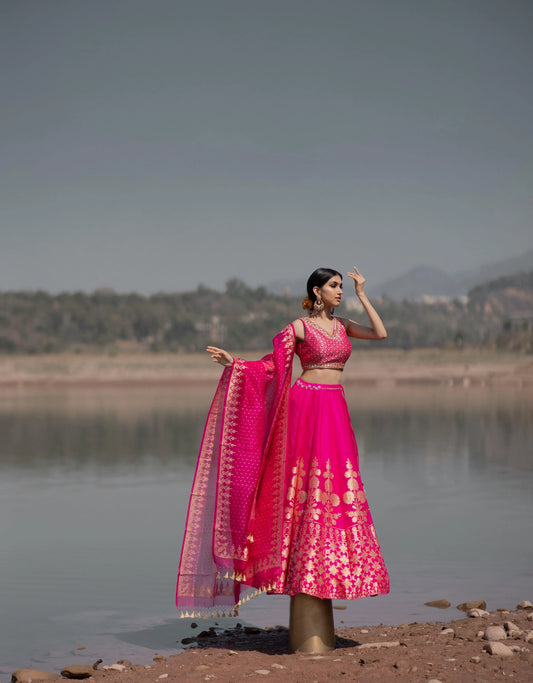 Rani pink organza banarasi lehnga set - Sohni