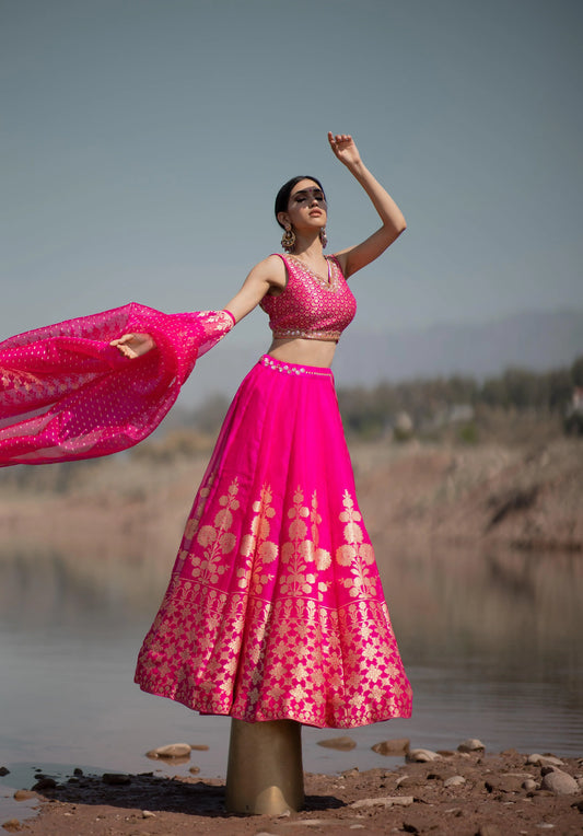 Rani pink organza banarasi lehnga set - Sohni