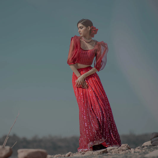 Red badla mukaish lehnga set - Sohni