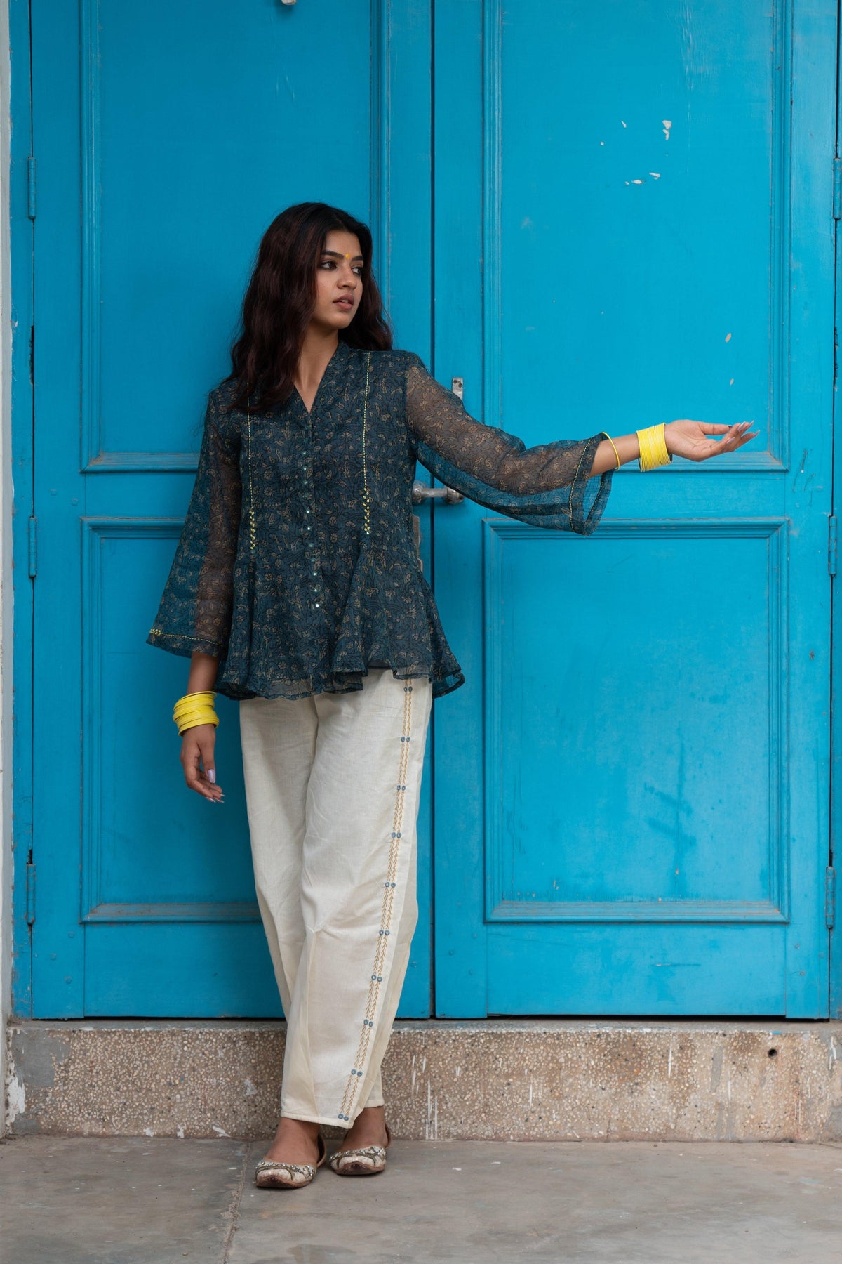 Cream cotton harem pants with hand embroidery detail  | FFHPC006 - Sohni