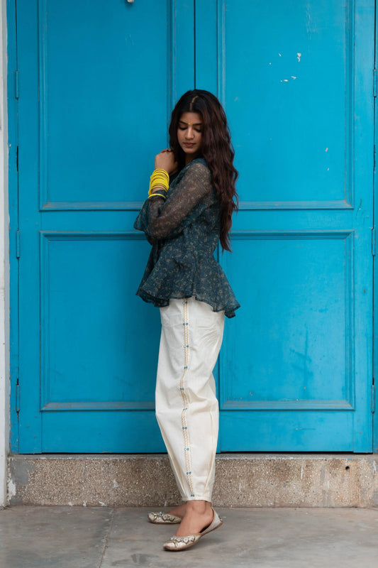 Cream cotton harem pants with hand embroidery detail  | FFHPC006 - Sohni