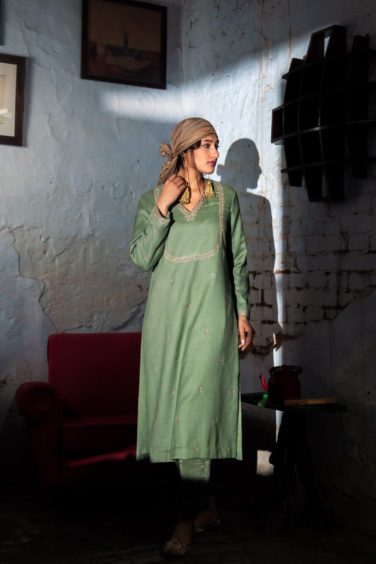 Sage green sheep wool kurta with hand embroidery - Sohni