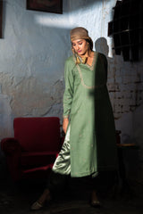 Sage green sheep wool kurta with hand embroidery - Sohni