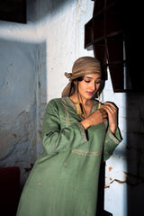 Sage green sheep wool kurta with hand embroidery - Sohni