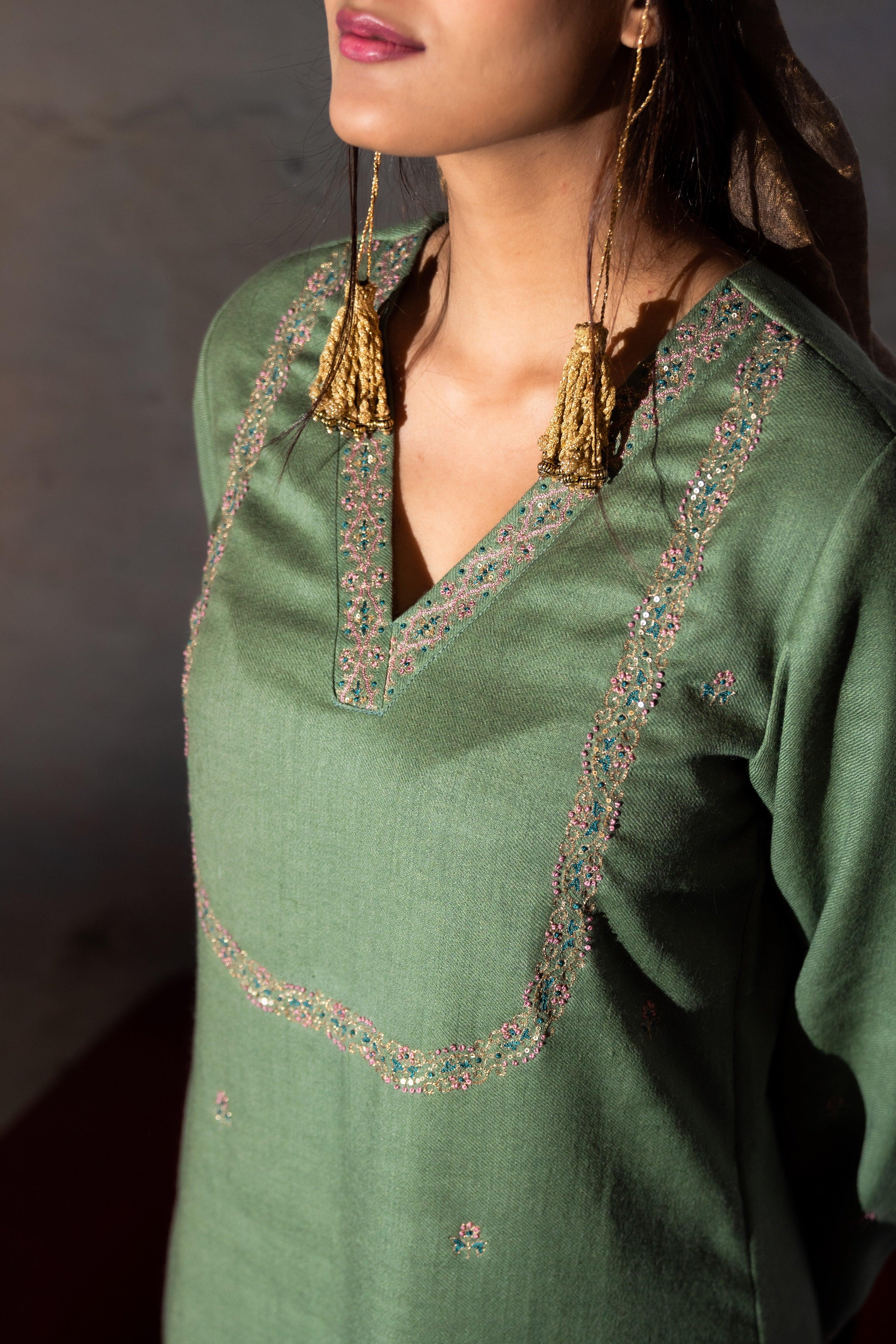 Sage green sheep wool kurta with hand embroidery - Sohni