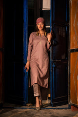 Taupe grey sheep wool kurta with hand embroidery - Sohni