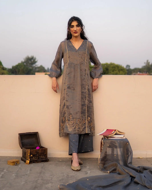 Grey tissue chanderi kurta with pitta hand work, palazzos and tissue chanderi dupatta - Sohni
