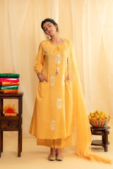 Mango yellow mulmul kurta set with dori embroidery - Sohni