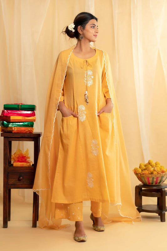 Mango yellow mulmul kurta set with dori embroidery - Sohni