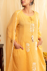 Mango yellow mulmul kurta set with dori embroidery - Sohni